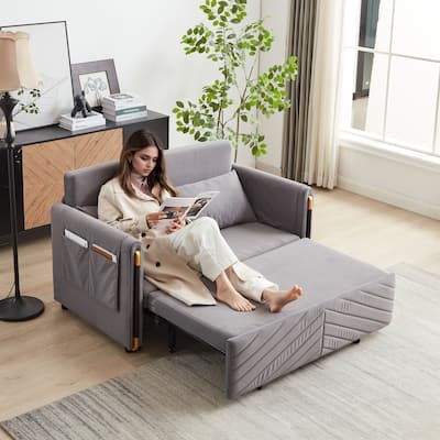 54" Velvet Pull-Out 2-Seater Sofa Bed with Adjustable Backrest & 2 Pillows