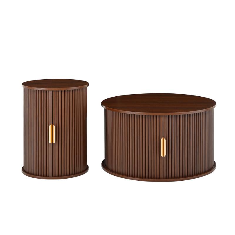 Nesting Coffee Table Set of 2, Modern Storage Coffee Table, Round Tea Table and End Table Set with Sliding Tambour Door