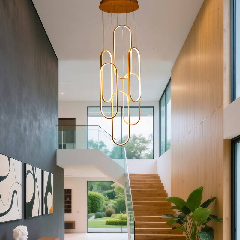 Modern Chandelier 6 Ring Adjustable Height Long Staircase LED Chandeliers Foyer Ceiling Light