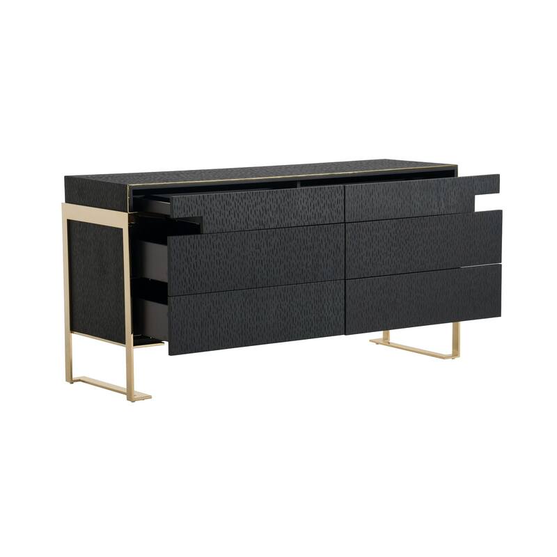 Cid Ruth 60 Inch Dresser, 6 Drawers, Wenge Brown Oak Veneer, Gold Steel