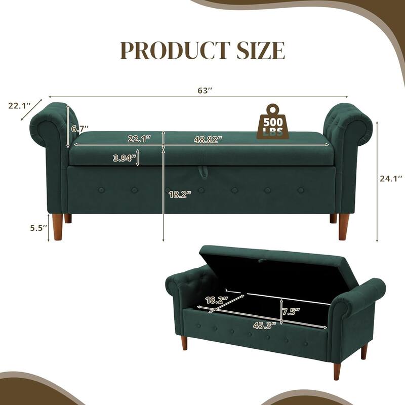 Multipurpose Rectangular Linen Sofa Stool with Large Space Saving Storage, 4 Rubber Wood Feet - 63 x 22.1 x 24.1 inch