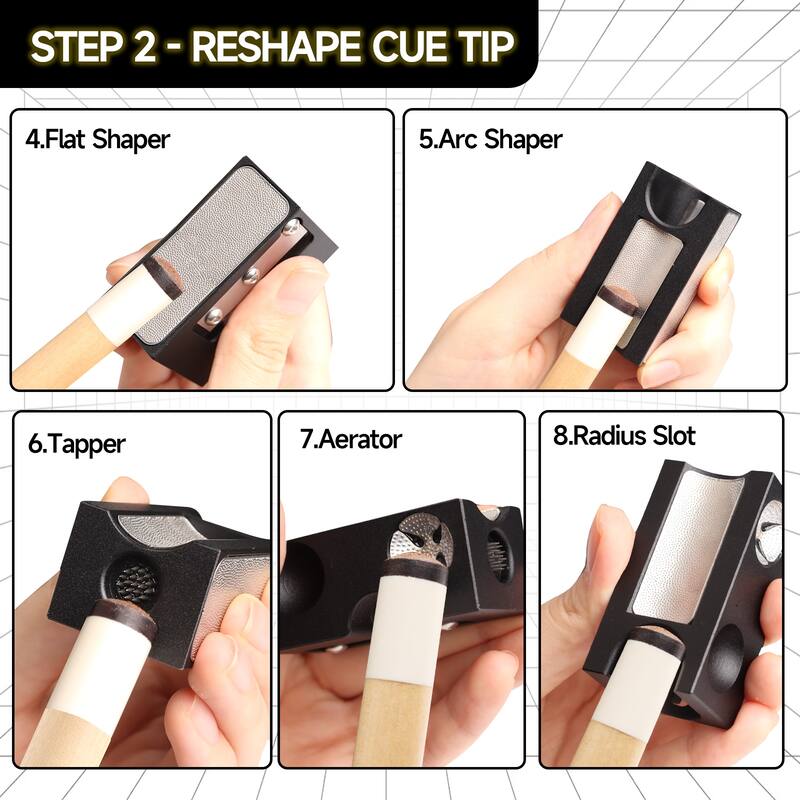 GSE™ 8-in-1 Pool Cue Tip Tool, Billiard Cue Tip Repair Tool Scuffer/Shaper/Aerator/Tapper/Trimer/Presser/Cleaner/Radius Slot