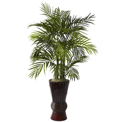 Modern Palm Tree Floor Lamp - 4Ft Tropical Leaf Decor - Bamboo Planter Base - Living Room Accent Light - 4ft.
