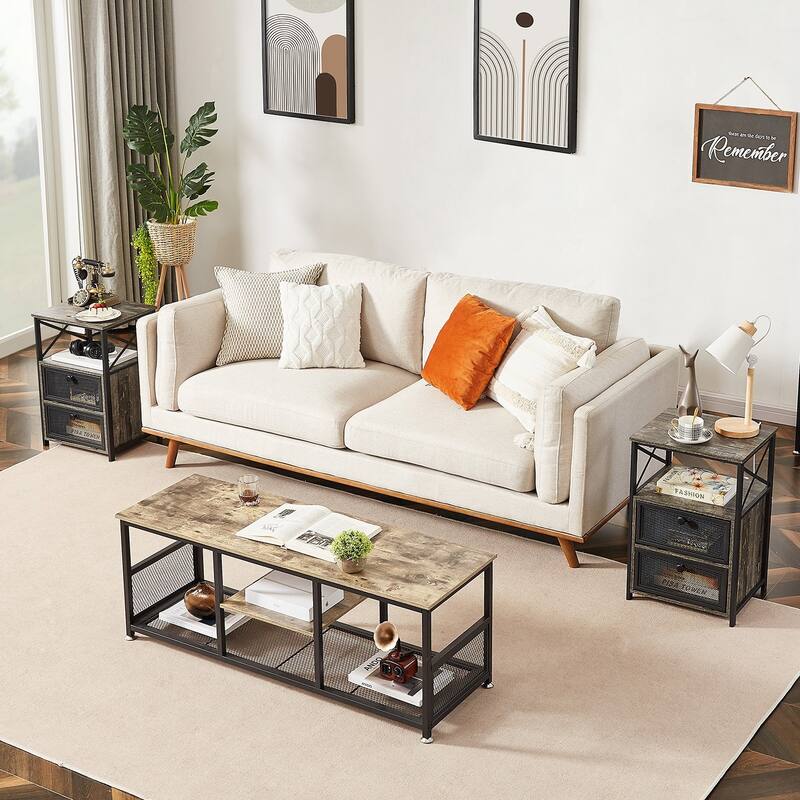 VECELO Modern End Table with 3-tier Storage Shelves, Nightstands with Charging Station(Nightstand Set of 2)