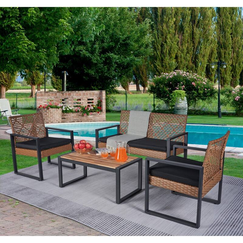 4-Piece Patio Furniture Set Outdoor Balcony Porch Garden Backyard Lawn Furniture Acacia Wood Table Top