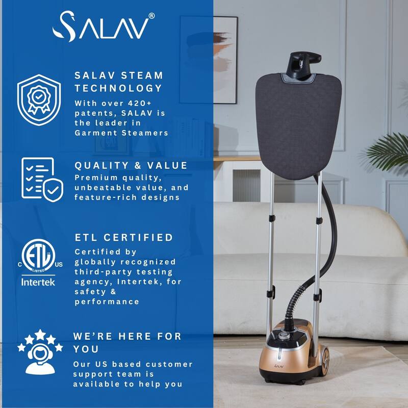SALAV Pro Series Dual Bar Garment Steamer with Rotatable Ironing Board & Steam Selection Dial