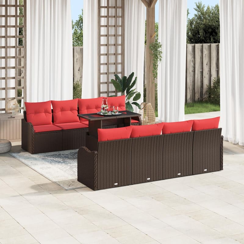 vidaXL 8/9 Garden Sofa Set with Cushions Black/Brown/Grey Poly Rattan - 113.8 x 48.2 x 27.2