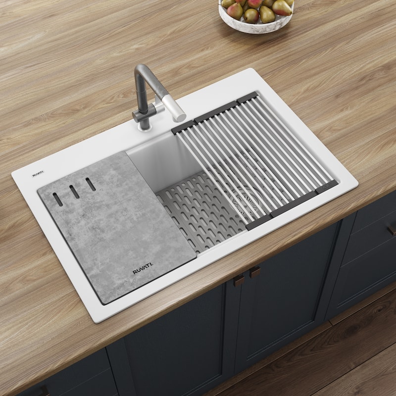 Ruvati 33-inch Granite Composite Workstation Drop-in Topmount Kitchen Sink Matte White - RVG1302WH - 33" X 22"