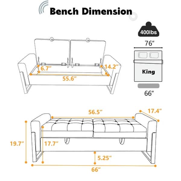 dimension image slide 11 of 13, 66" Storage Bench for Bedroom End of Bed with Double Lids and Gold Legs