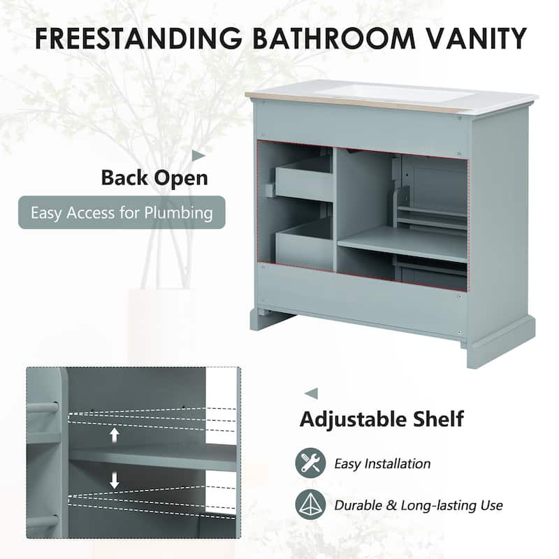 36" Bathroom Vanity Set with Ceramic Undermount Sink, Soft-Close Hinges & Tip-Out Drawers for Smart Storage