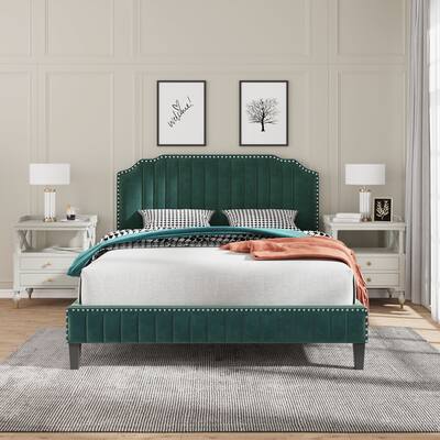 3 Pieces Bedroom Set Modern Velvet Curved Upholstered Green Platform King Bed with Two White Nightstands