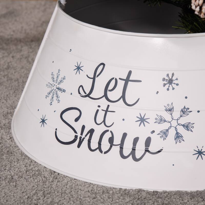 White Christmas Tree Collar with Black “Let it Snow” Design and Metal Base Cover for Holiday Decor - 26" x 9" H
