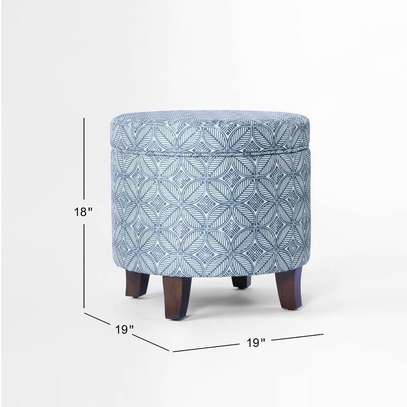 Loni 19 Inch Round Storage Ottoman in Indigo Blue Pattern & Walnut Brown