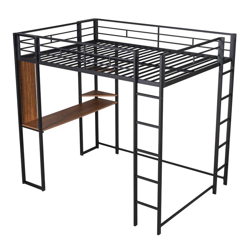 Full Size Metal Loft Bed with Shelves and Desk, Sturdy Steel Frame, Space-Saving Design
