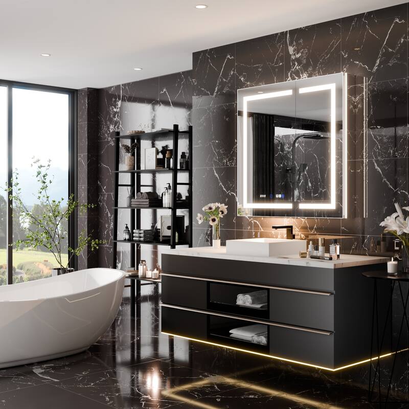 36'' H Recessed or Surface Mounted Bathroom LED Mirror Cabinet With Defogger, Dimmer, 10x magnifying