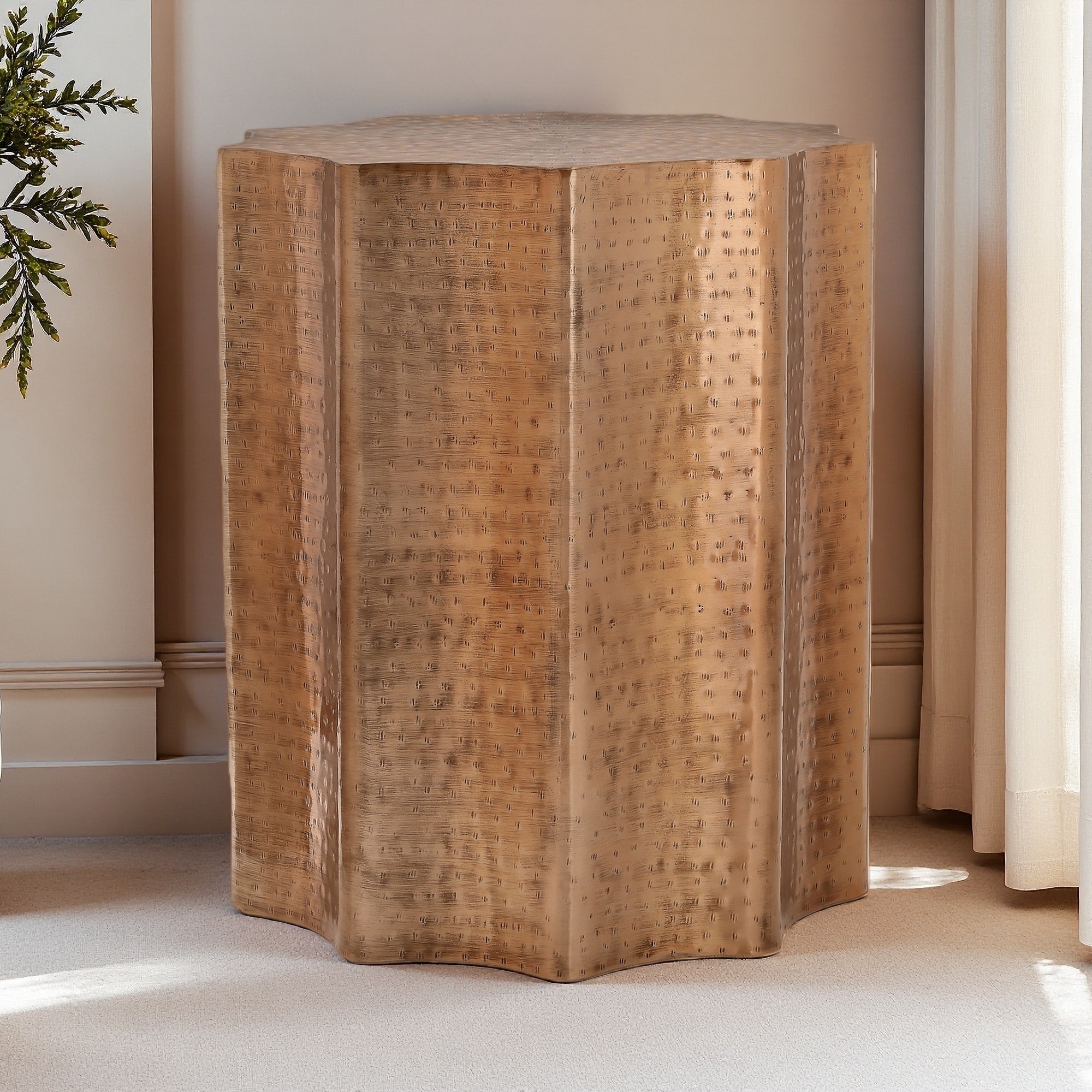 20"L Metal Drum Accent Table with Scalloped Design and Hammered Texture, Brushed Antique Finish, Nightstand Table for Bedroom