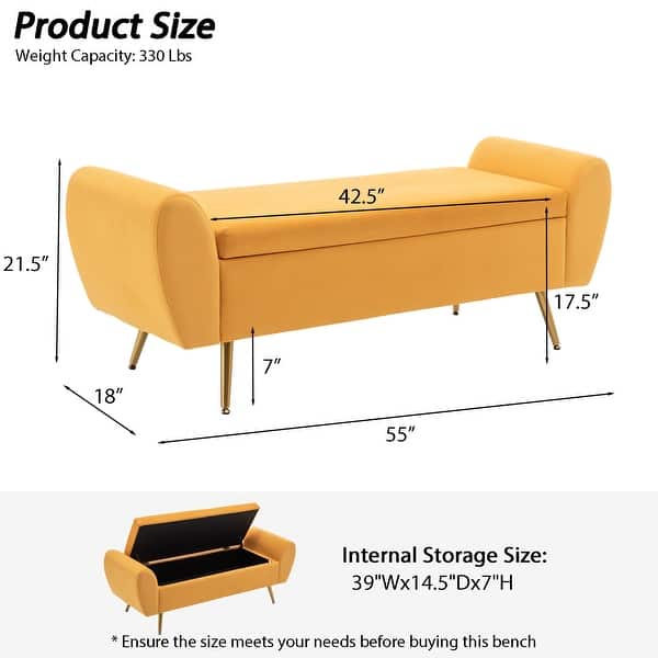 dimension image slide 12 of 20, Upholstered 55"W Flip Top Storage Bench Bedroom Bench Modern End of Bed Bench for Entryway Hallway Window with Gold Legs