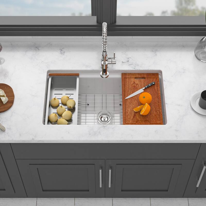 Undermount White Kitchen Sink Workstation - White Porcelain Ceramic Single Bowl Dual Mount Kitchen Sink