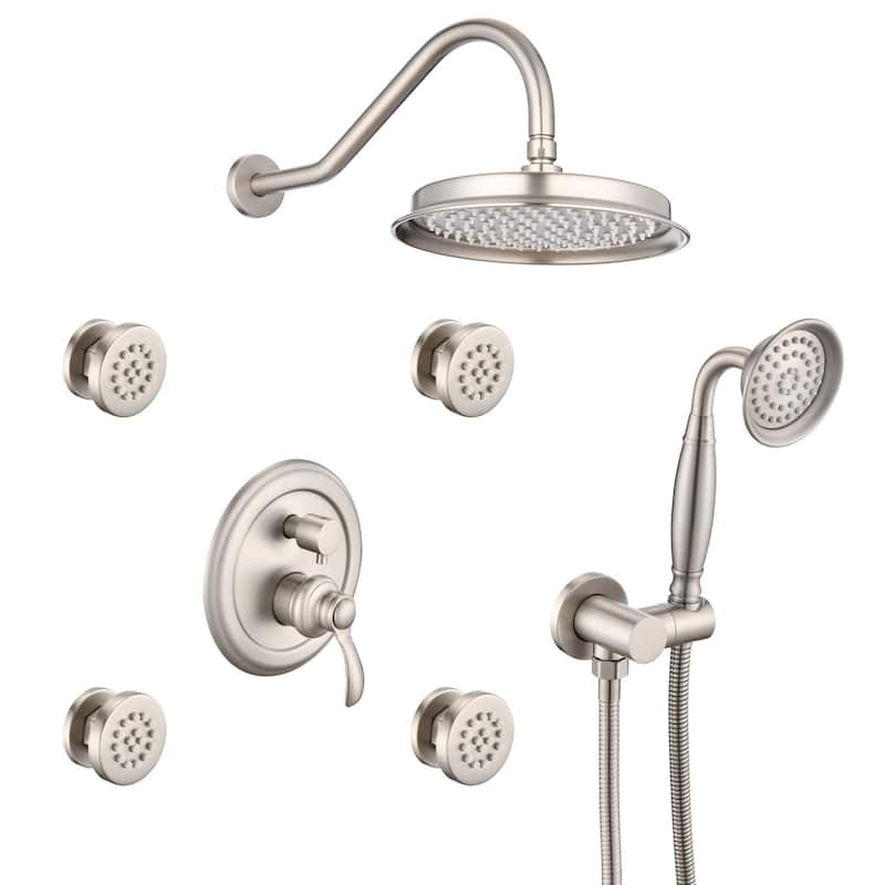 Single-Handle 4-Spray Patterns Bathroom Rain Shower Faucet with Body Jet Handshower in Brushed Nickel (Valve Included) - Brushed Nickel