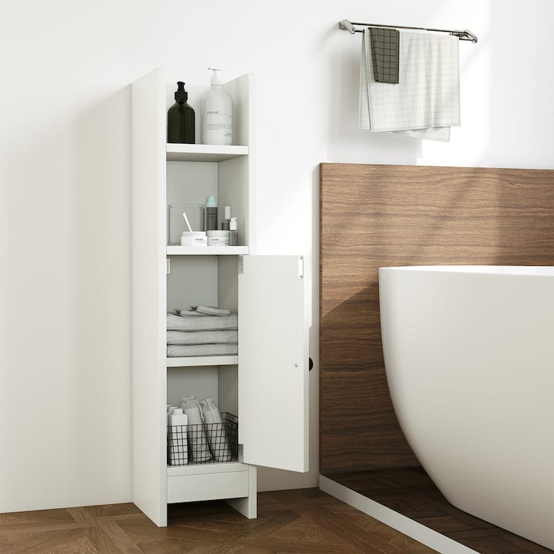 Slim Bathroom Floor Cabinet with Adjustable Shelves Magnetic Door and Open Shelves for Small Spaces - 8" x 7" x 31.5"(L x W x H) - White