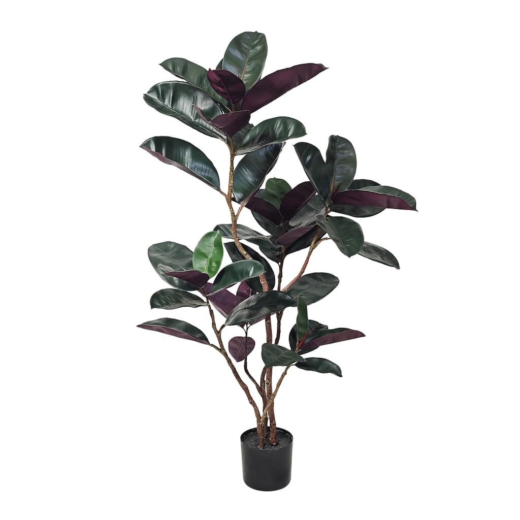 4 ft. Artificial Rubber Tree, Faux Green Plant with Bendable Branches in Black Cement-Filled Nursery Pot, Low Maintenance