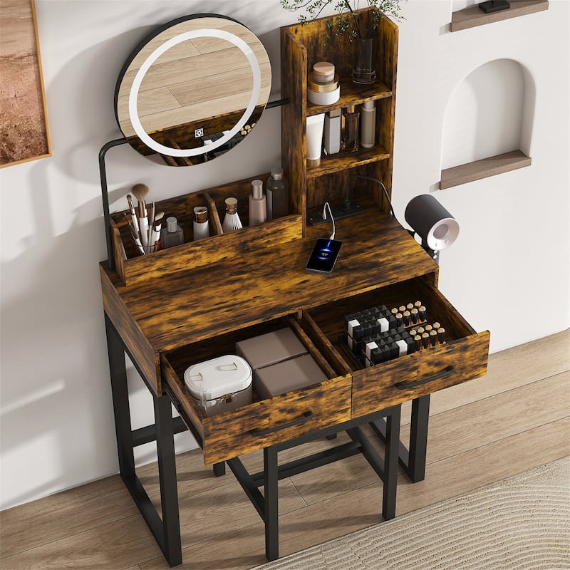 Makeup Vanity with 3 Color LED Lights,Power Outlet,Drawers and Chair