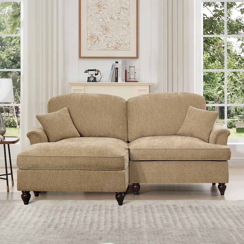 76.4" L Shaped 2-Seat Sectional Sofa, Chenille Couch with Ottoman, Flared Arms Loveseat with Removable Ruffles Pleats Skirts - Light Coffee