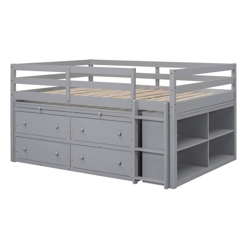 Twin/Full Size Low Loft Bed with Retractable Writing Desk and 4 Drawers, Wooden Loft Bedframe w/ Lateral Portable Desk & Shelves