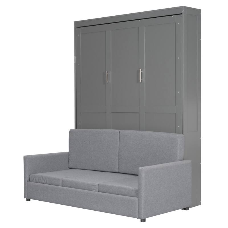 Queen Size Wall Bed with Sofa Function and Storage, Gray