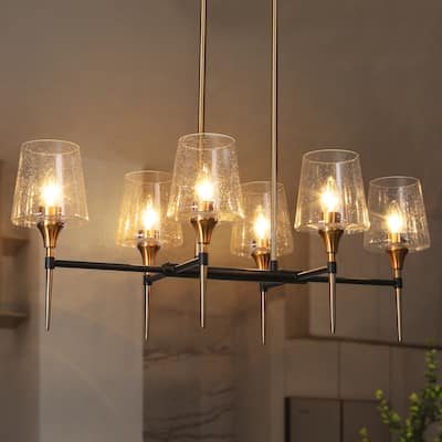 Mid-Century Modern 6-Light Black Gold Linear Chandelier Glass Island Lights for Dining Room