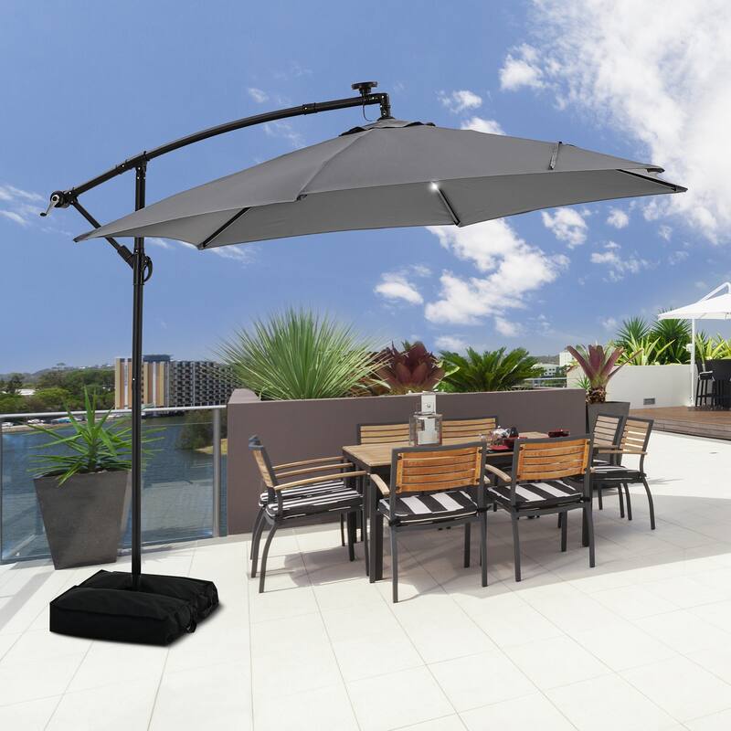 Autlaycil 10ft Offset Hanging Market Patio Umbrella With Base&Solar Lights