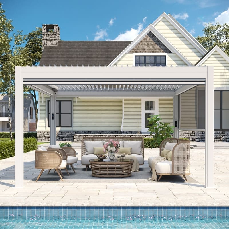 EROMMY Outdoor Louvered Pergola Gazebo with Adjustable Aluminum Rainproof Roof and Pull-Down Screen