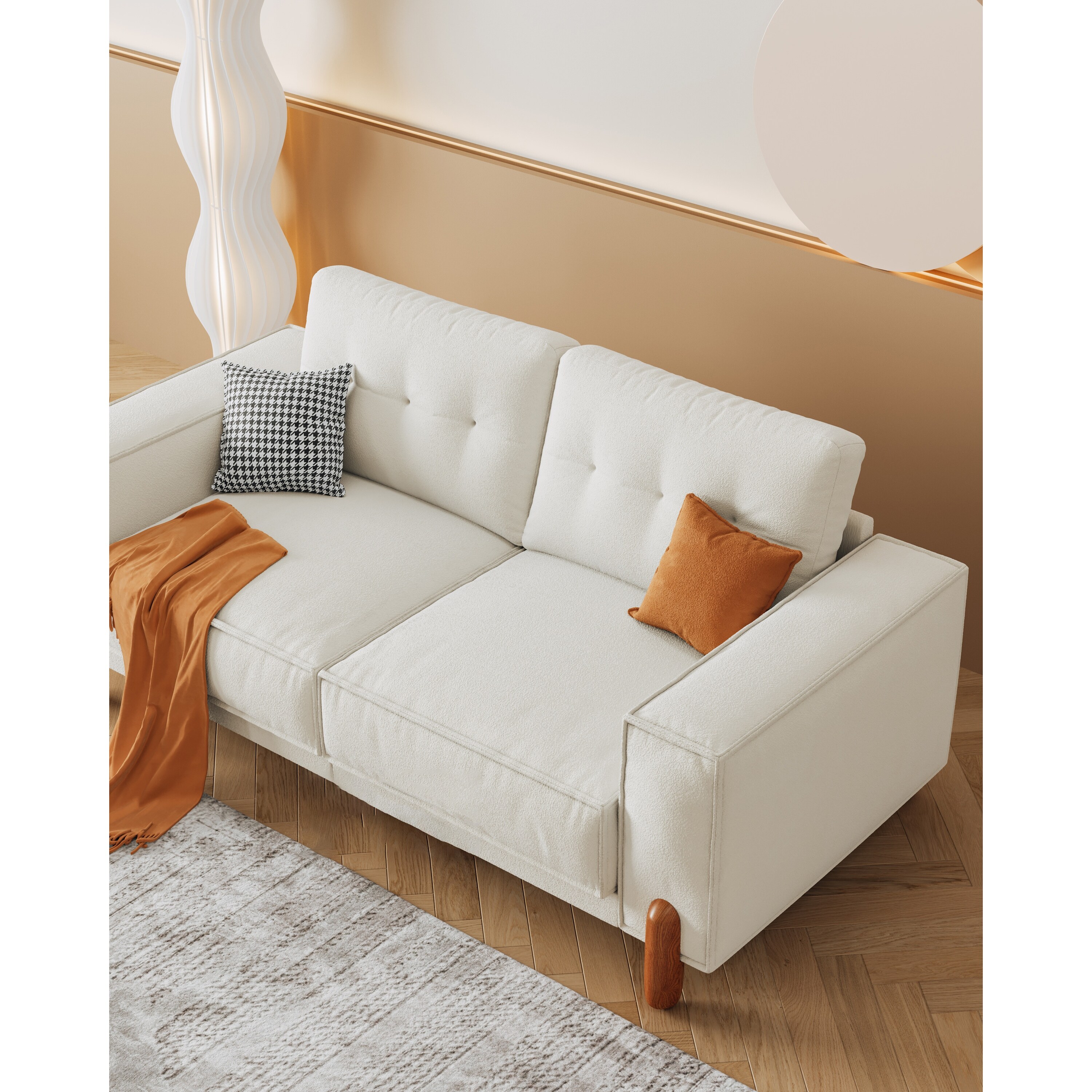 Couches for Living Room Modern Teddy Fabric Upholstered Sofa Tufted Couch with Square Arm and 4 Solid Wood Legs 2 Pillows Decor Gray