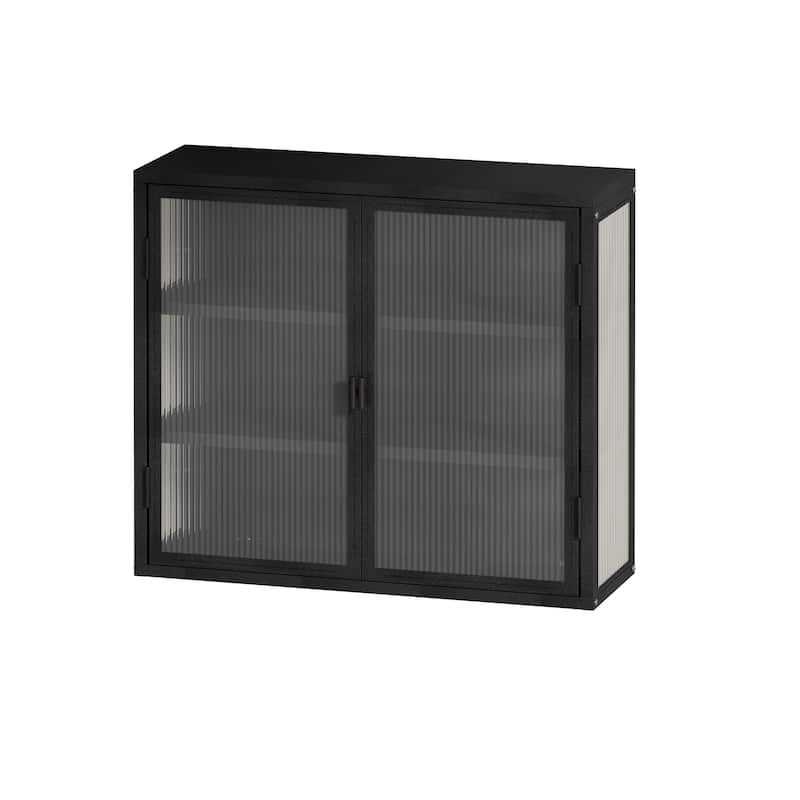 Glass Doors Modern Two-door Wall Cabinet with Featuring Three-tier Storage for Entryway Living Room Bathroom Dining Room
