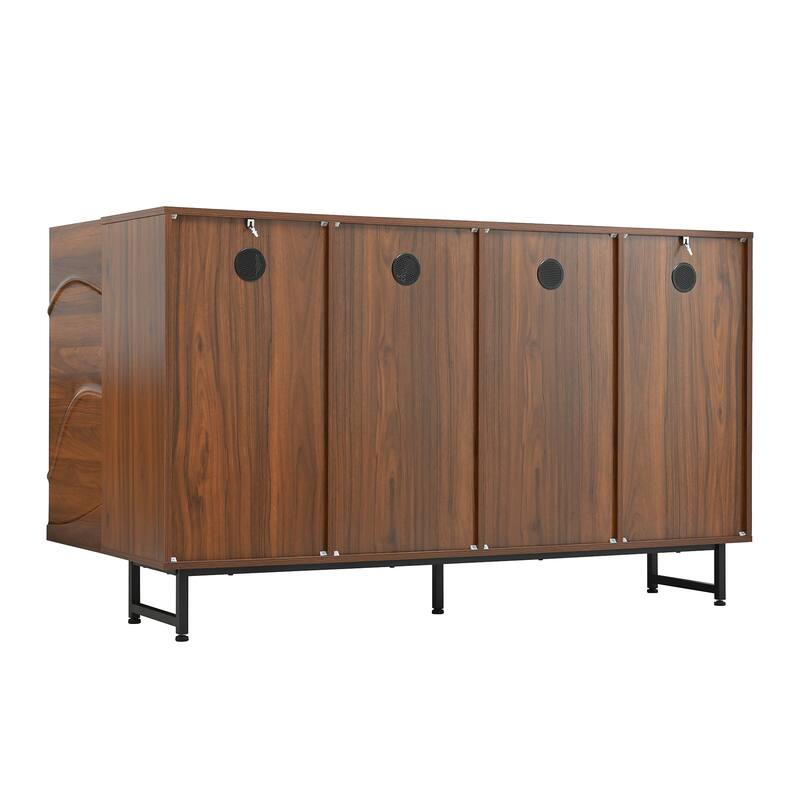 Anmytek Modern Wave Relief Solid Wood Sideboard, Walnut Texture, 59 Inch Storage Cabinet with Iron Legs for Living Room
