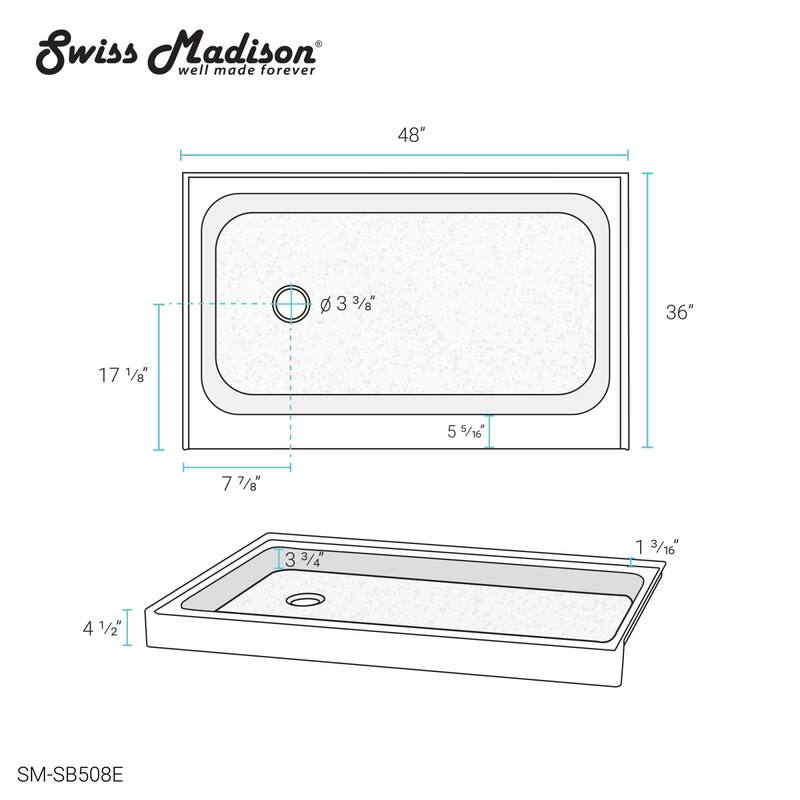 Swiss Madison Voltaire 48" x 36" Rectangular Shower Base with Single