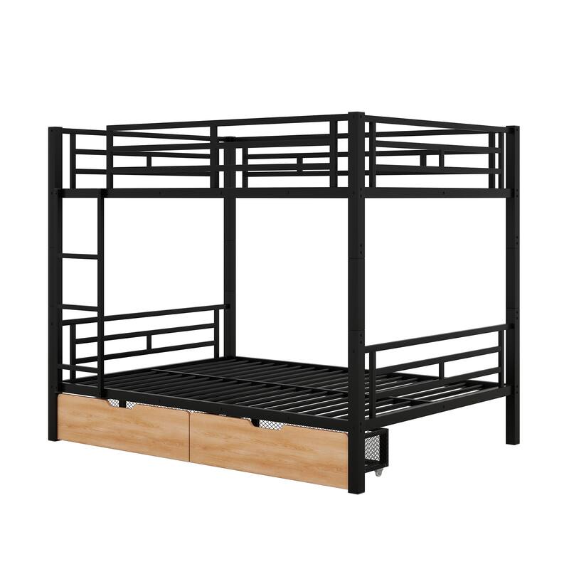 Full Size Convertible Metal Bunk Bed with 2 Drawers, Metal Heavy Duty