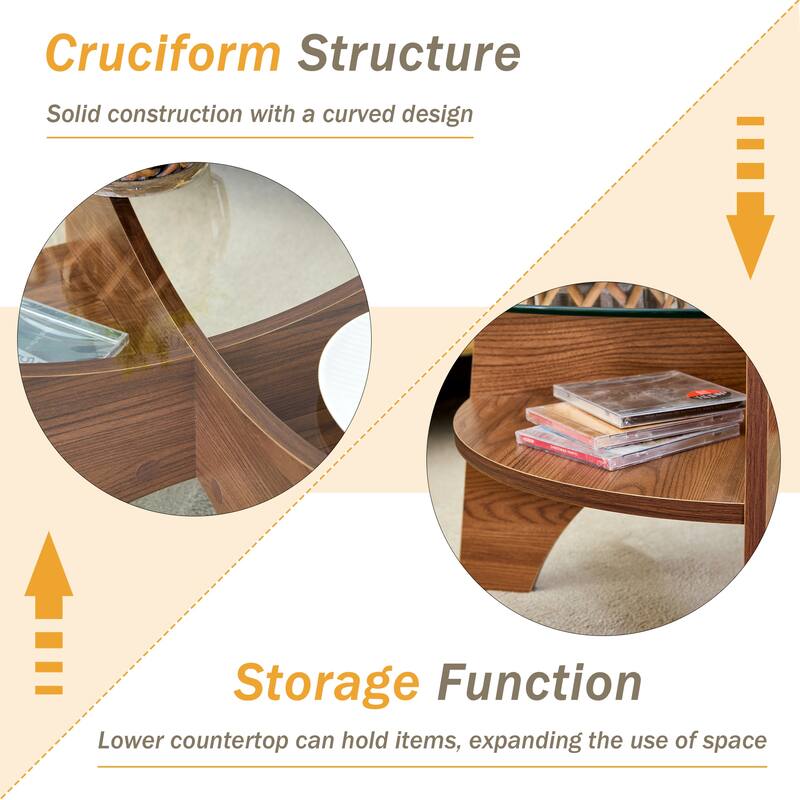 GDFStudio Marcellus Tempered Glass Coffee Table with Wood Legs and Fan-Shaped Pedestal Design