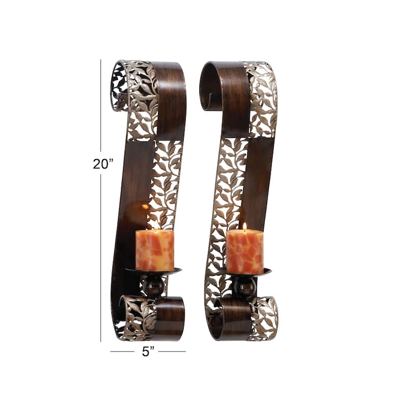 Brown Metal Cutout Leaf Wall Sconce with Scrolled Edges (Set of 2) - S/2 21"H, 4"W