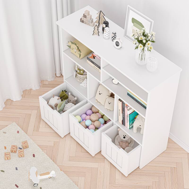 Toy Storage Organizerwith Hidden Wheels, Kids Bookshelf Floor Toy Storage Cabinet, 3 Movable Drawers