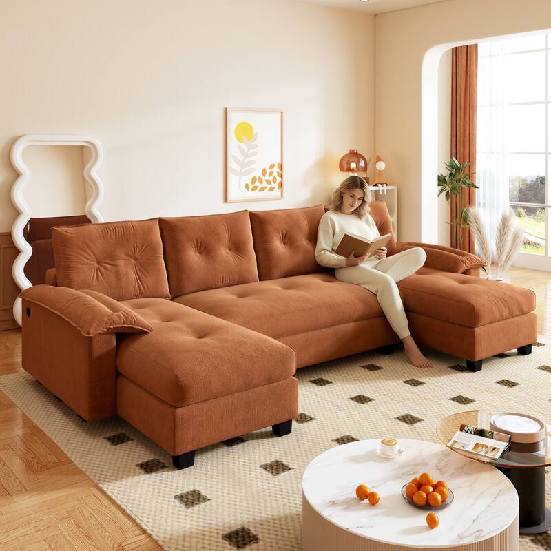 104.7" U-Shaped Sleeper Sofa, Convertible Sectional Couch with Pull-Out Bed, Removable Armrests, USB Ports & Chaise Lounge - Orange