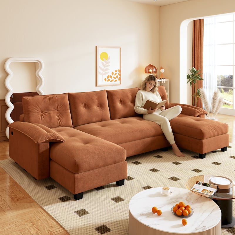 U-Shaped Convertible Sofa with Pull Out Bed & USB Ports - Orange