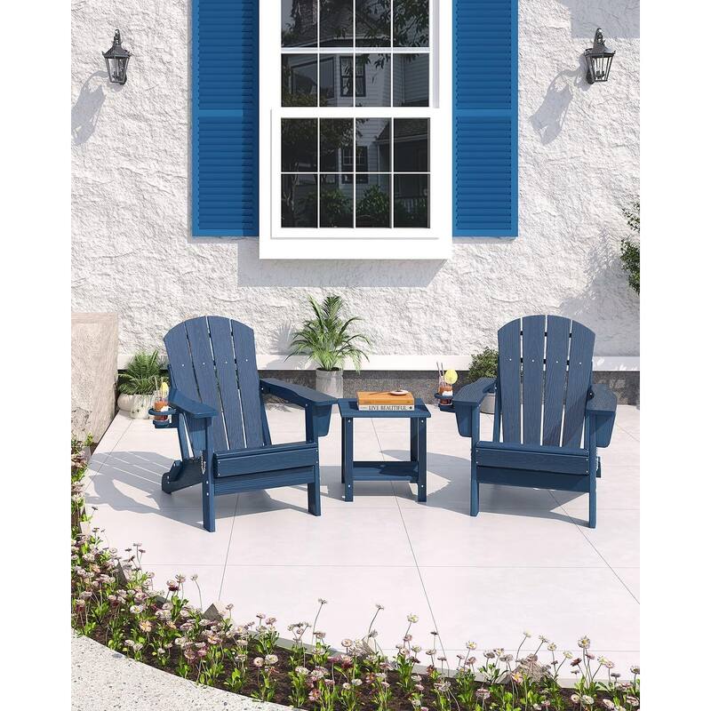 Adirondack Chair Set of 2 with Side Table All-Weather HDPE Wood-Look Texture Cup Holders
