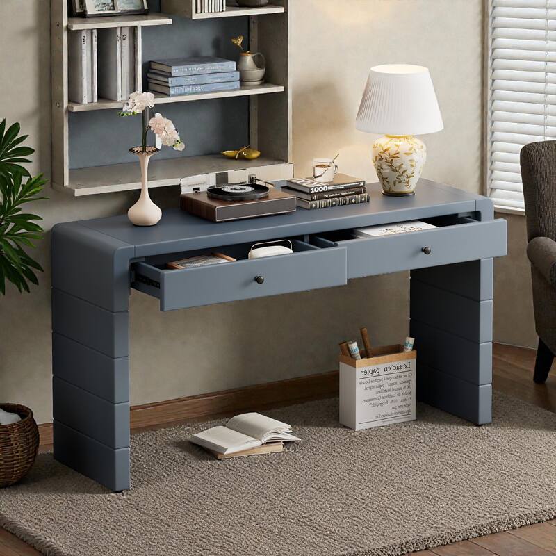 Curved Farmhouse Console Table with Storage, Wooden Entryway Table with 2 Drawers for Hallway