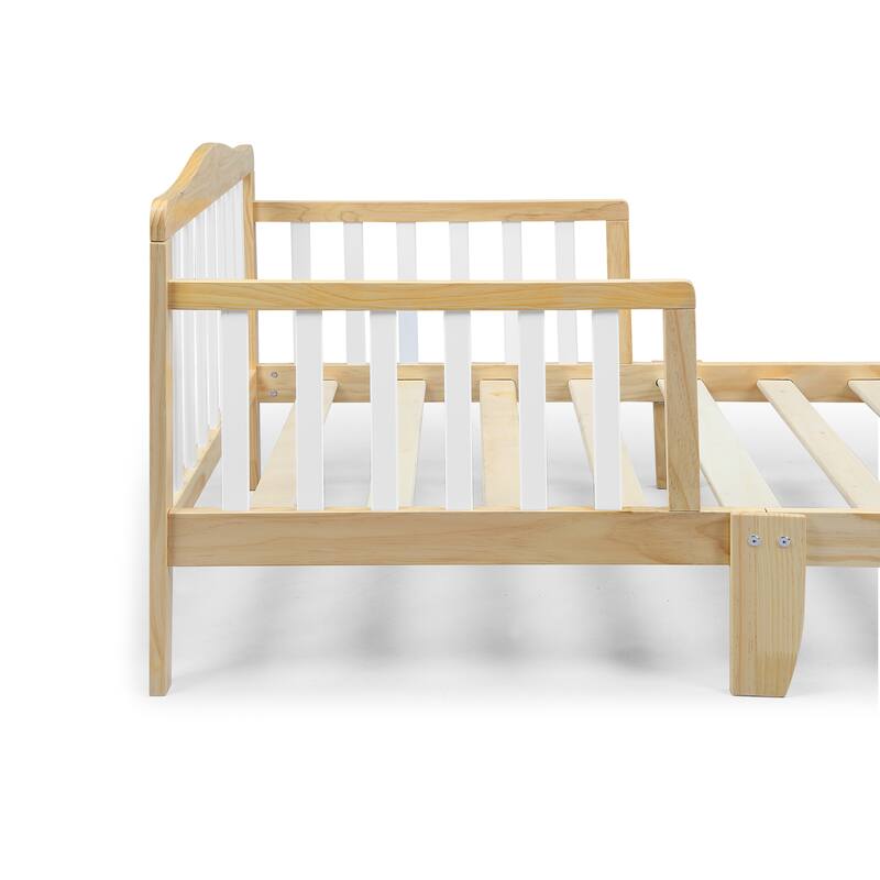 Birdie Toddler Bed in Dark Pink/White with Solid Wood Frame, Low Profile Footboard & Dual Safety Rails