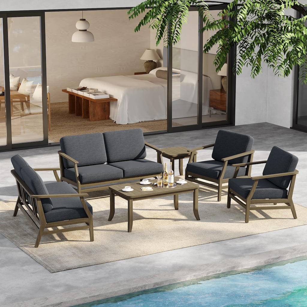 6-Seat Outdoor Teak Wood Patio Conversation Set with Cushions Tables