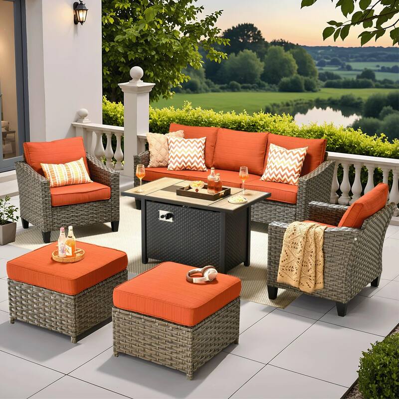 ​​OVIOS 6-Piece Outdoor Wicker Set with Fire Pit Table​ - Orange/Red