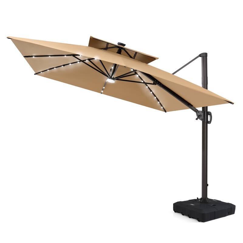12 x 9 FT Outdoor Patio Aluminum Cantilever Umbrella with Solar Lights Double Canopy with Wheel Base