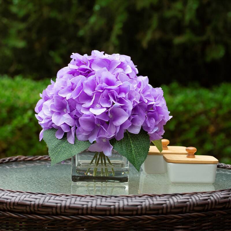 Silk Pink Hydrangea Artificial Flowers in Vase with Faux Water, Silk Flower Arrangements in Vase for Home Decor, Wedding Table