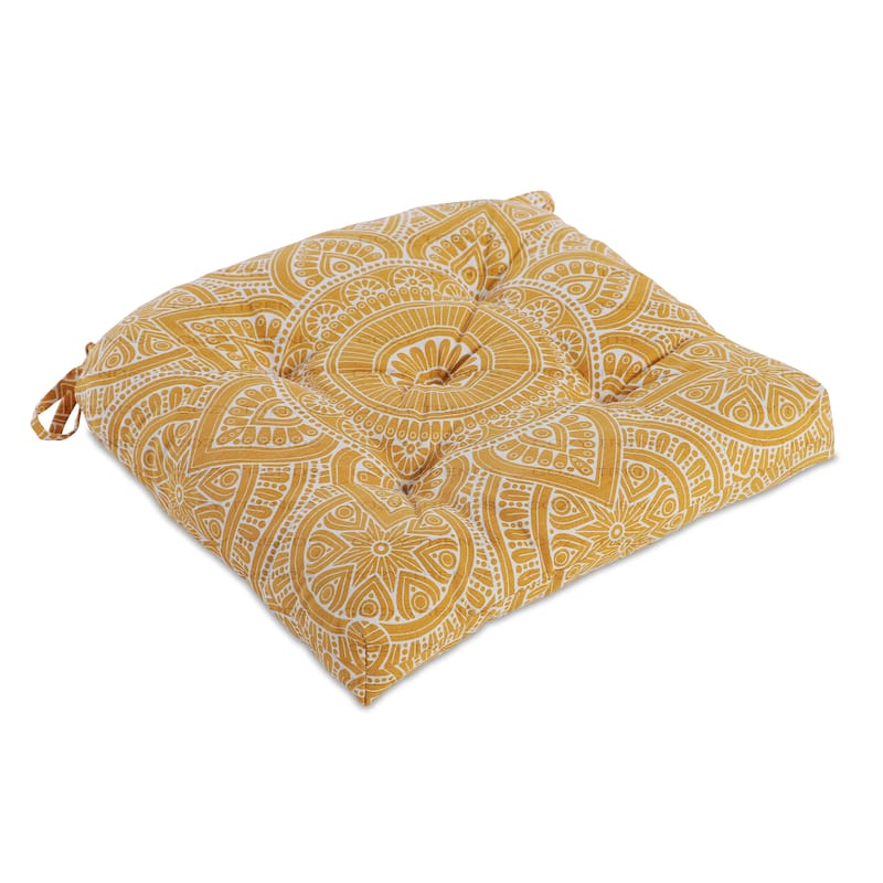 Indoor/Outdoor Cotton Mandala Chair Pads - Fade and Water Resistant |19''x19''| Tufted Cushions (Set of 2)
